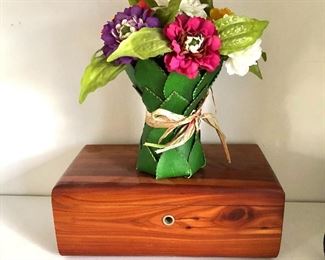 $25 Wood box AS IS cannot be opened.  9" W, 5" D, 3.5" H.   $10 Flower bouquet with cord.  7" H. 