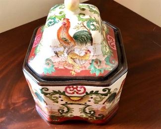 $22 Container with rooster on lid.   5.5" W, 5.5" D, 7" H. 