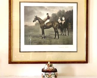 Framed horse print and "rooster" porcelain box.  