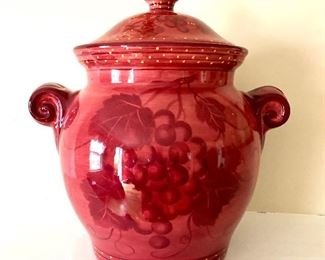 $30 - Red biscuit jar with grape design.  11" W, opening 8" diam, 12" H.  