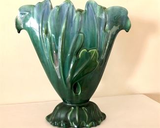 $40 - Green leaf design vase.  10.5" W, 3.5" D, 11" H.  