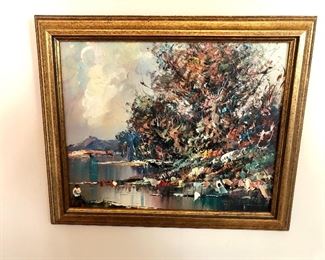 $60 Oil color lake and woods scene.  12.5" W x 10.5" H. 