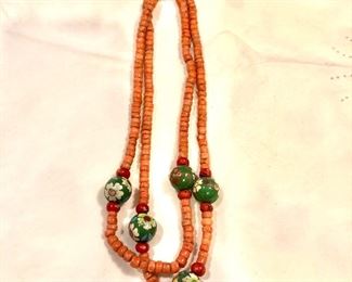 $60 Cloisonne and coral beaded necklace size: 16 and 1/2"L