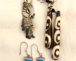 $20 Each earring and signed Native American pin 