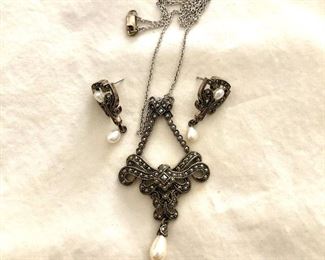 $80 Judith Jack marcasite and pearl necklace and earrings set.  Necklace size: 15 and 1/2"L