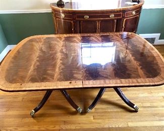 $2,200 - Double pedestal, flame mahogany, inlay, banded dining room table - 72" L, 46" W, 29" H, plus two 20" leaf extensions, plus protective pads AS IS minor surface scratches