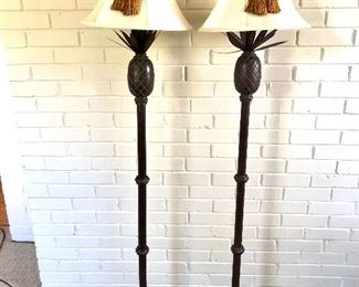 $275 - Pair of "pineapple" standing/floor lamps, right lamp AS IS, small rip in shade.  Each lamp shade 15" diam, base 9" W x 9" D, 63" H. 