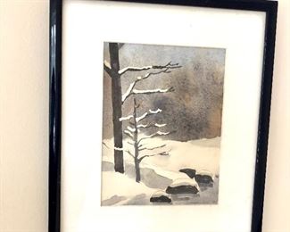 $125 - Winter scene watercolor - 11" W x 13" H. 