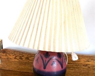 $60 - Signed pottery lamp - Shade 10.5" diam, base 5" diam, 15" H. 