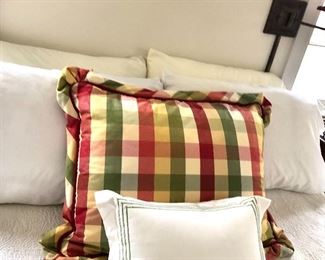 $20 - White pillow with green trim in foreground 18" W x 12" H, $40 -  checkered pillow