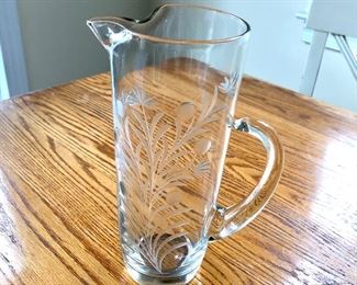 $24 - Etched pitcher.  Approx 4" diam, 9" H. 