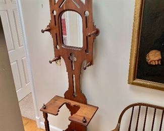 $175 - Vintage coat tree with umbrella stand.  22" W, 11.5" D, 81" H. 
