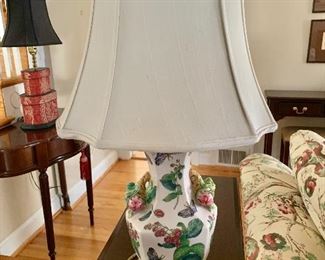 $125 - Floral lamp with butterflies.  Body approx 7" diam, 25" H. 