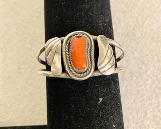 Beautiful "1960's" sterling silver and coral stone bracelet. Unmarked. $95