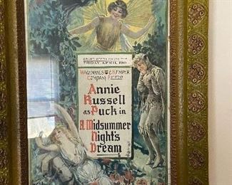 Framed "1906" poster of "A Midsummer Night's Dream" with Annie Russell as Puck ". Framed picture Measures 19 1/2" x 27 1/2". $95