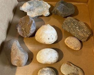 Various minerals, rocks & petrified clam shells & calcite crystal. $20