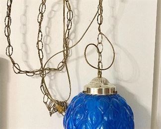 Retro Blue glass hanging swag light by "Leviton". Needs rewired. $35