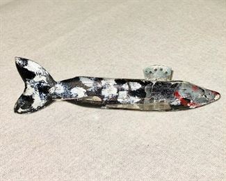 Wooden folk art "Ice Fishing Lure". Measures 6 1/4" long. $30