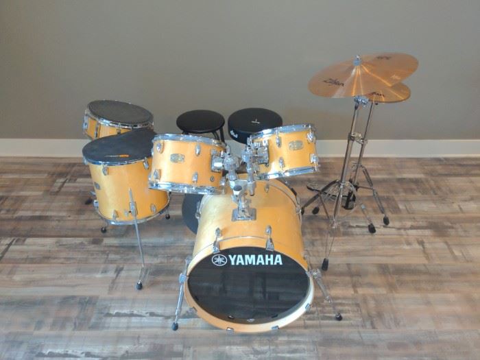 Yamaha Drum Set, Zildjian Cymbals, and Two Stools