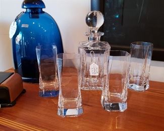 Waterford blue glass decanter and clear glassware