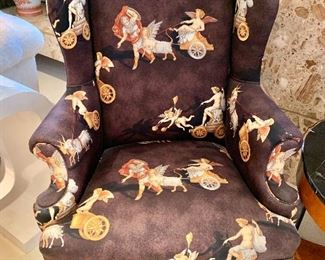 $350 - Cherub and Chariot Upholstered Wingback Armchair; 44" H x 30" W x 24.5" D, seat height is 19"