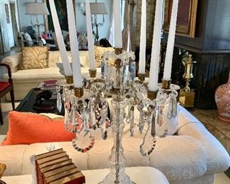 $900 - Pair of Crystal Prism Tabletop Candelabras for 7 Candles; 22" H (without candles) x 15.5" W, on an 8" base. As is; a couple of prisms are detached and included.