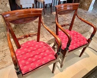 $795 PAIR: Regency style cane seat armchairs  with red tufted cushions; Made in Italy; Likely POLTRONA; 36" H x 22" W x 21" D; seat 16" high; 