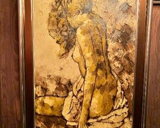 $700; Mid Century Modern sepia toned nude original painting; signed and dated ('65);  two-tone metallic acrylic frame; Framed 43" H x 30.5" W