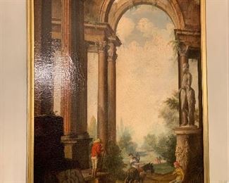 $1,750; Original framed art; Figures and classical ruins; framed; 49" H x 33" W