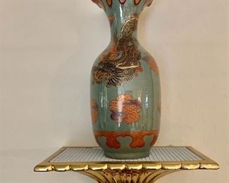 $150 PAIR - Crackle Glazed Vases with Painted Dragon Motif and Scalloped Rims. As is, one has staple repair at the top. 16" H x 6.5" W. Note: Wall shelf is not for sale