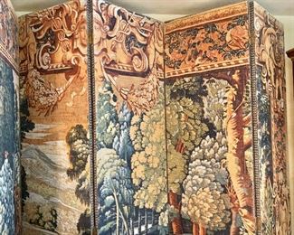 $450; Five panel tapestry screen; 84.5" high, with six 18" wide, hinged panels