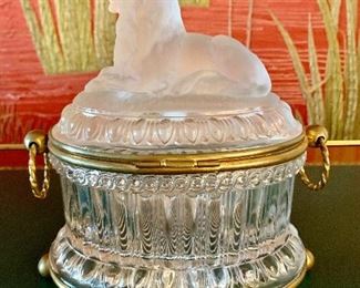 $250; Oval crystal trinket box with figural lion; detail