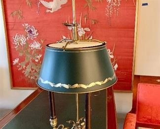 $325; Chapman brass swan Bouillotte desk lamp with adjustable height metal shade, Tested and working; 29" total height, 13" shade