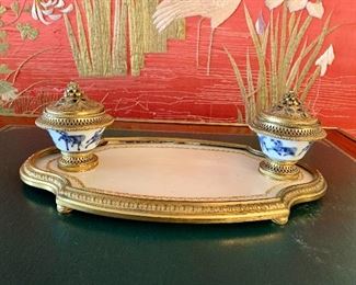 $300; Vintage gilt and porcelain inkwells and tray; 15” L x 8” D x 5” H. 