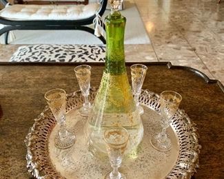 $120 LOT; ; Apertif Set with Green and Gold Decanter and 5 Glasses and 12" silver plate tray;  Decantur approx 11" H; Tray engraved "1944 Men's Club of Toronto" 12" D.