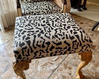 $200; Needlework claw foot animal print ottoman, 20.5" x 24.5" W x 21" D, sold separately from chairs