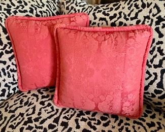$70; Pair of red cotton  damask custom pillows with 1"piping; pagoda and bird motif; zipper closure; 17" square; polypill