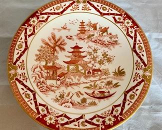$75 EACH; 2 available; Porcelain Chinoiserie pagoda footed plate/shallow bowl; stamped; 9"D x 2.5" high