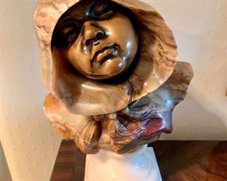 $395 - Bust on Stone Pedestal with Bronze Face; 18.5" H x 11.5" W x 6.5" D
