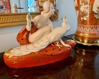 $150; Handpainted Art Deco ceramic inkwell; in manner of French maker Aladin Luxe; unsigned; 9" H x 11.5" L x 4" D 