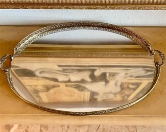 $95: Oversized brass handled mirrored  oval dresser tray; 26" x 18" 