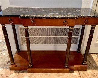 $225; Grand Rapids marble topped console table with single drawer; 42" W x31.5" H x 15" D, marble has small chip in the corner and some wear to the wood base. Heavy.