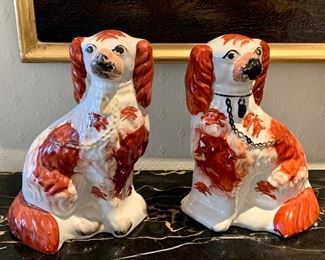 $150 - Pair of Staffordshire Style Ceramic Dogs, 10" H x 7" W; As is, one (left) has a chip on underside of base. 