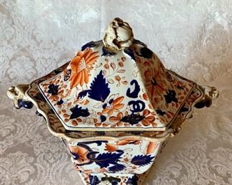 $95 - as is. Mason's Ironstone Hexagonal Covered Dish; 13" H x 14" W.  repaired with staples