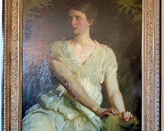 $2,300 - Edward Salzman (NY Portrait painter) original portrait; signed and dated 1924 on reverse;  Framed 48" H x 40" W; art lighting included.