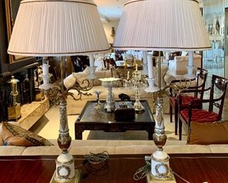 $200; Pair Neoclassical candlestick lamps; as is; one is working except for the side chandelier bulbs. One does not turn on. Rewiring recommended. 37" H with 5.5" bases and 17.5" diameter shades