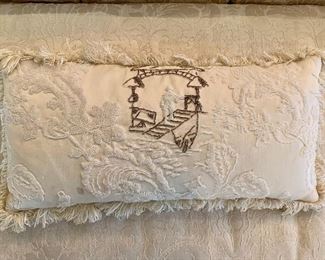 $60; Beaded chinoiserie  off white lumbar pillow; as is, one small stain on the front, missing a couple of small beads; 10" x 21"