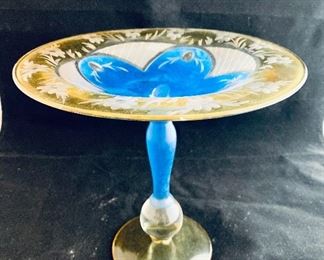 $60; Blue and yellow pressed glass  pedestal candy dish; 8" H x 8" W