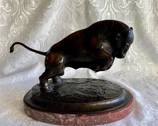 $695; Franz Nachtmann (German) bronze bull sculpture on marble base; Signed "Nachtmann München"  8" H x 11" W x 7.5" D