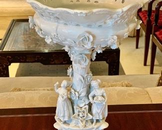 $200; Porcelain Pedestal Centerpiece, unmarked; 18" H x 14" W x 12.5" D